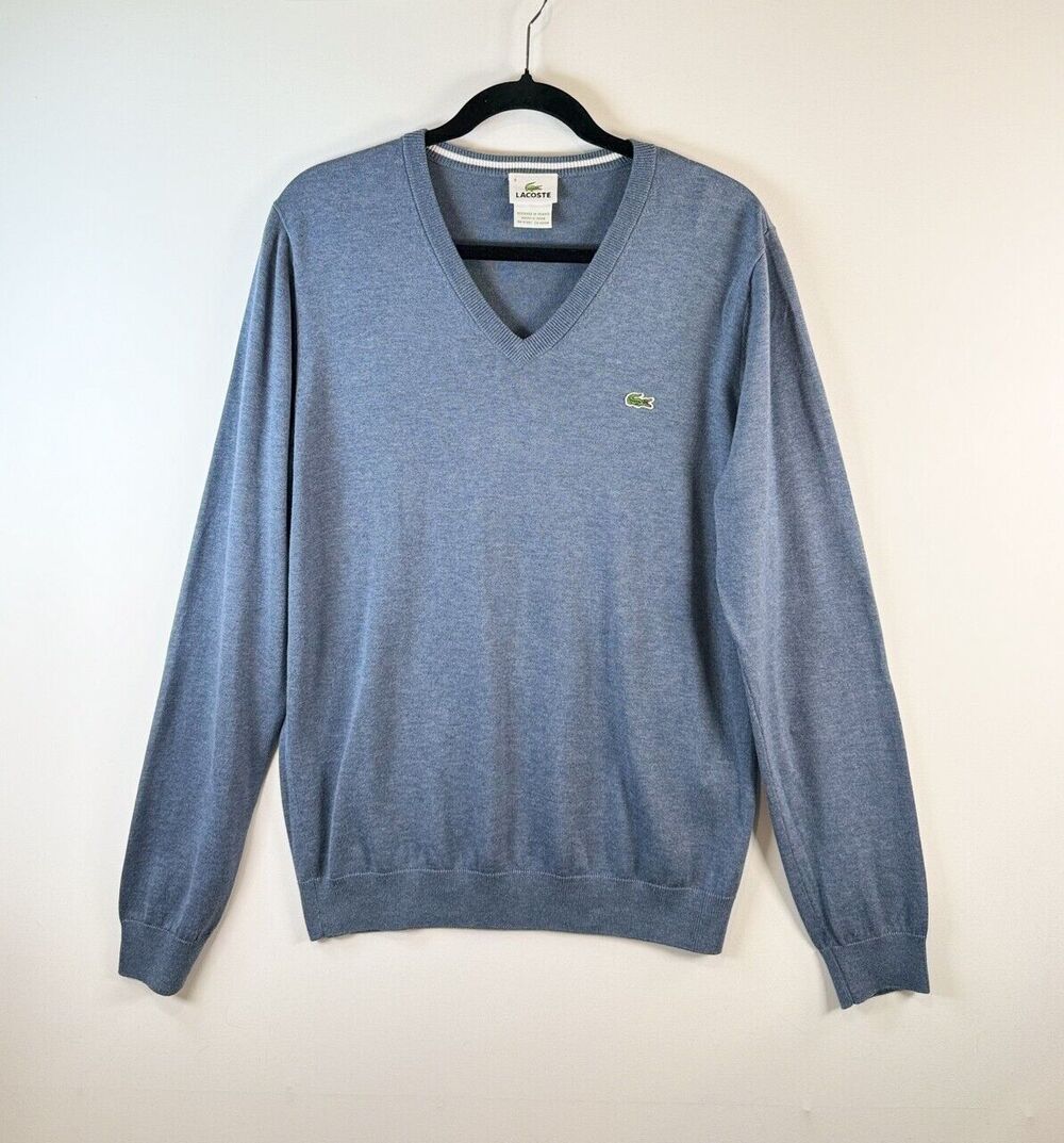 Lacoste Mens Sweater Blue V Neck Knit Pullover Long Sleeve Jumper Casual 6 US XL